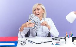 joyful-adult-slavic-female-doctor-medical-robe-with-stethoscope-sitting-desk-with-office-tools-holding-money-looking-side-isolated-purple-background