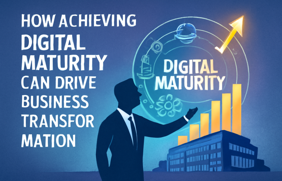 A business professional reaching towards an ascending bar graph with a digital maturity icon and tech-related symbols, representing how digital maturity drives business transformation.