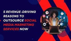 Excited marketer surrounded by social media icons working on a laptop, representing benefits of outsourcing social media marketing services