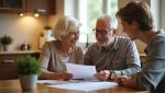 Elderly couple smiling while reviewing papers with a younger woman at a kitchen table, suggesting a supportive conversation about retirement planning.