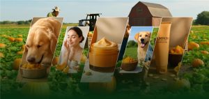 A golden retriever enjoys pumpkin puree in a field of pumpkins, showcasing pet-friendly products against a rustic barn backdrop.