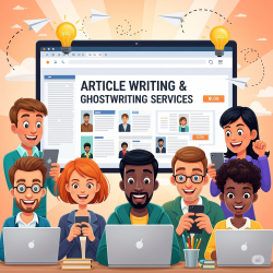 A comical and engaging featured image for a blog about article writing and ghostwriting services. It shows a diverse group of happy individuals interacting with a blog showcasing writing services on laptops and mobile devices. The scene features whimsical elements like floating paper airplanes and lightbulbs, with bright, cheerful lighting and a cartoonish, modern, and friendly style.