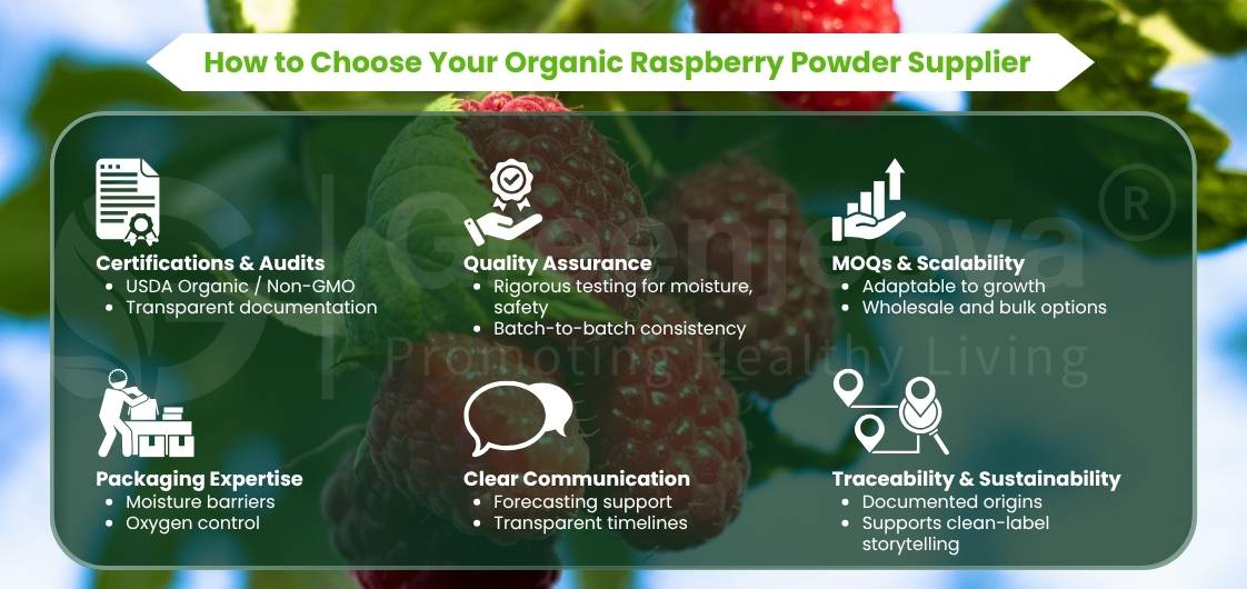 Infographic on choosing an organic raspberry powder supplier, detailing certifications, quality, packaging, communication, scalability, and traceability.