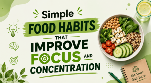 Healthy food bowl with vegetables, paneer, spinach, cucumber, and text about simple food habits that improve focus and concentration.